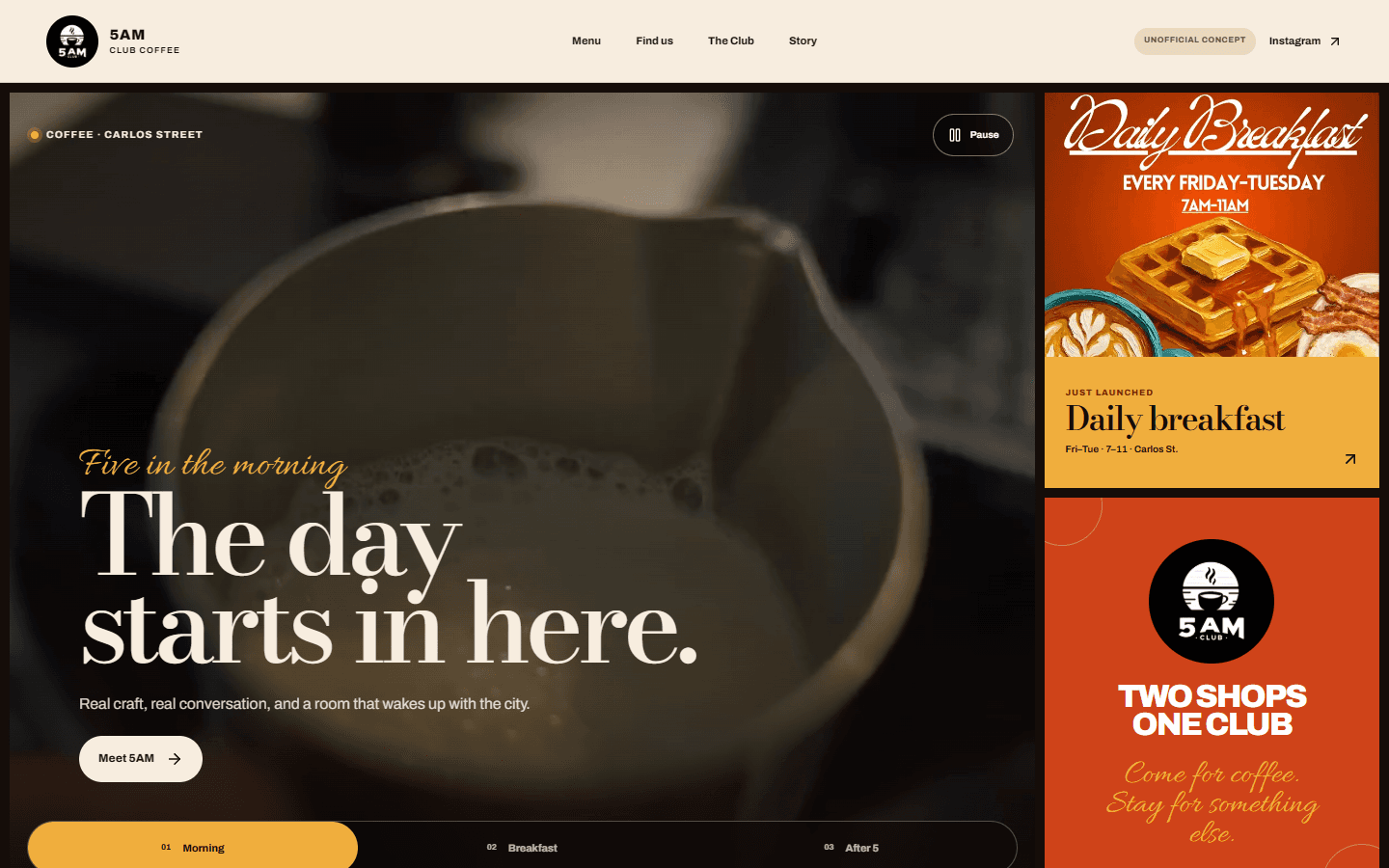 5AM Club Coffee concept homepage, badged Unofficial Concept: a coffee pour under the headline The day starts in here, beside a Daily Breakfast panel.