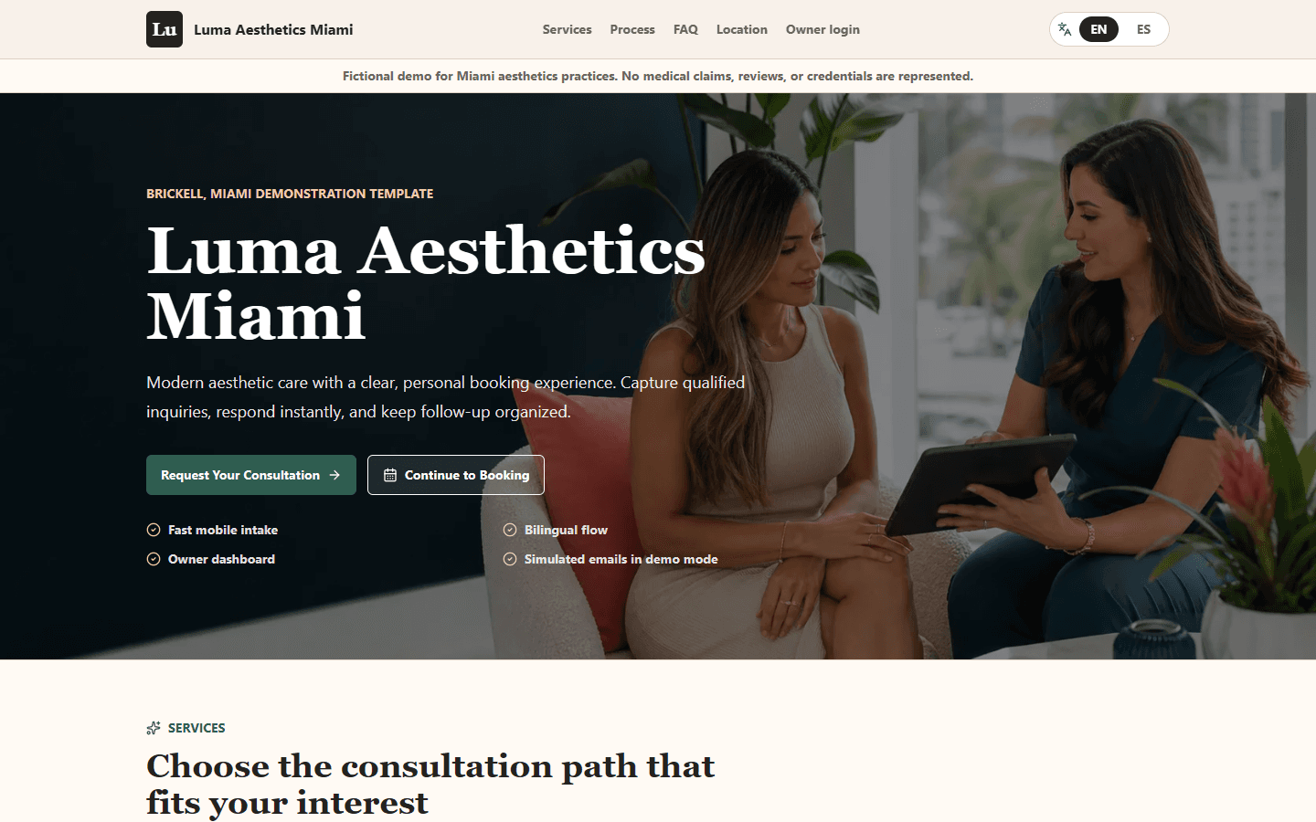 Luma Aesthetics Miami demo homepage, labelled as a fictional demo, with consultation and booking buttons over a clinic photograph.