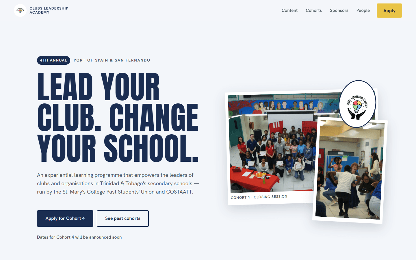School Clubs Leadership Academy homepage: the headline Lead Your Club. Change Your School. beside two cohort photographs.
