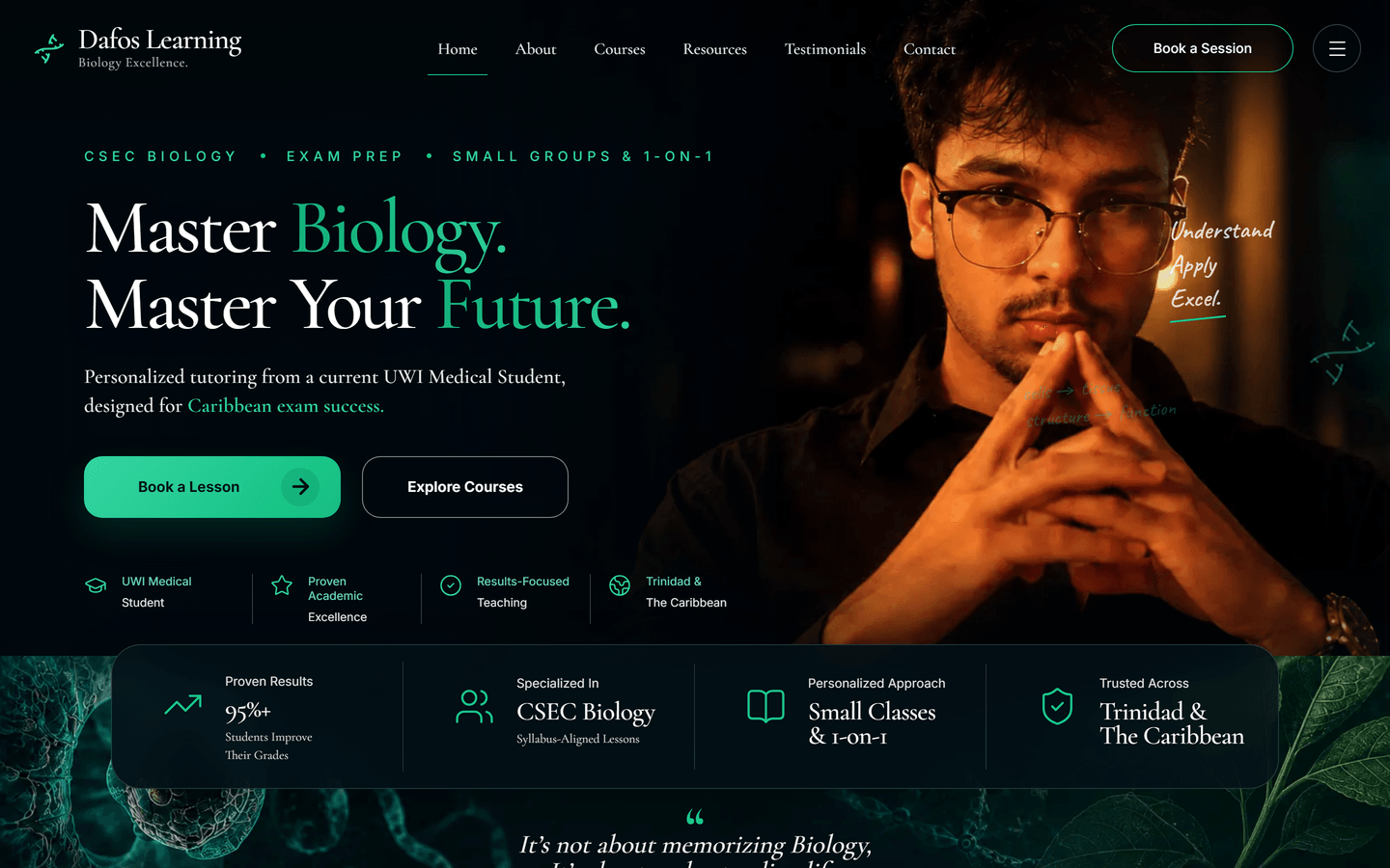 Dafos Learning home page: CSEC biology tutoring, exam prep and small group sessions.