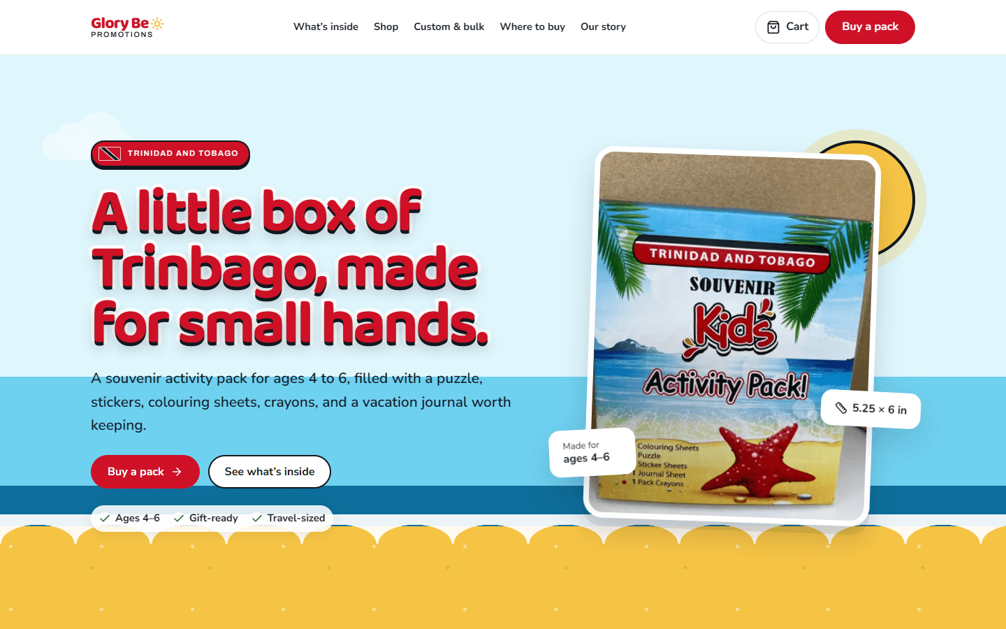 Glory Be Promotions homepage: a souvenir kids activity pack beside the headline A little box of Trinbago, made for small hands.