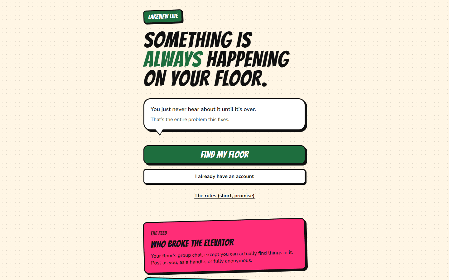 Lakeview Live landing screen: the headline Something Is Always Happening On Your Floor with a Find My Floor button.