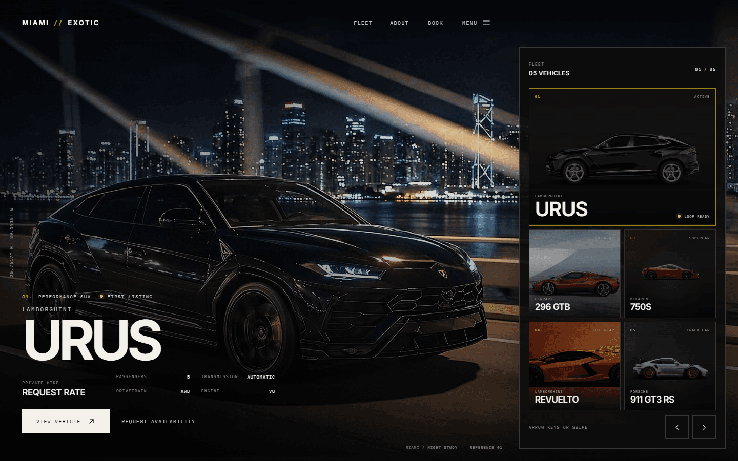 Miami Exotic concept showroom: a black Lamborghini Urus at night beside a five-vehicle fleet panel.