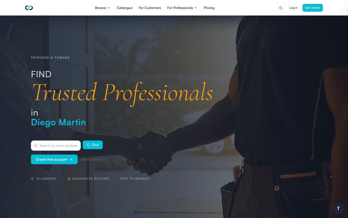 TradeLynq home page: a marketplace for finding verified professionals in Trinidad and Tobago.