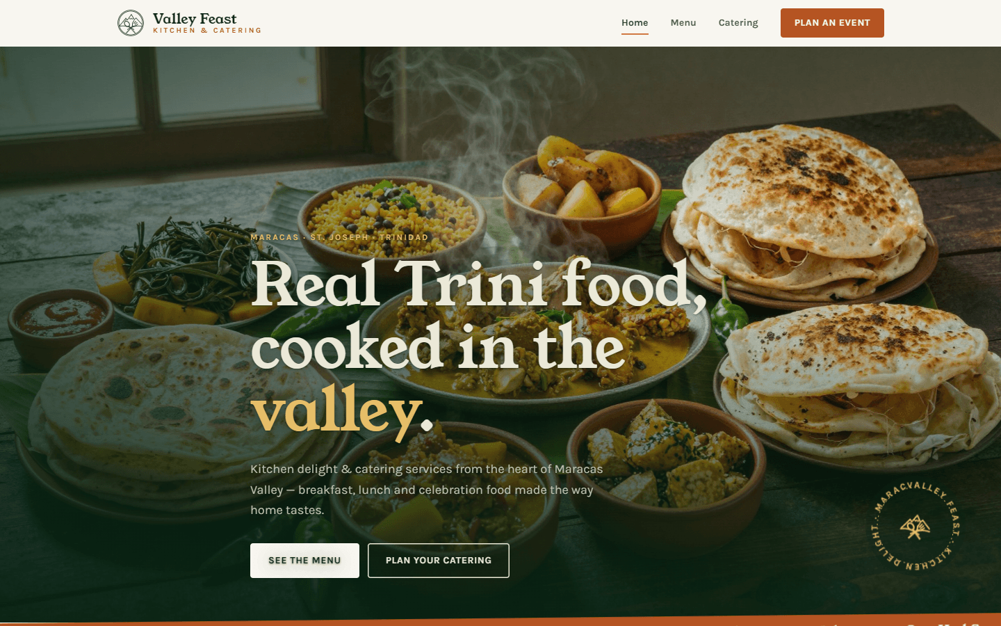 Valley Feast homepage: a table of Trinidadian dishes under the headline Real Trini food, cooked in the valley.